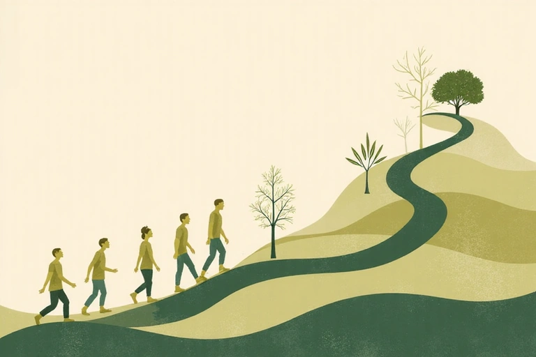 Illustration of Skyntellis's growth and journey, depicting a winding path with subtle upward trends and natural elements like leaves and light, no text or human figures.