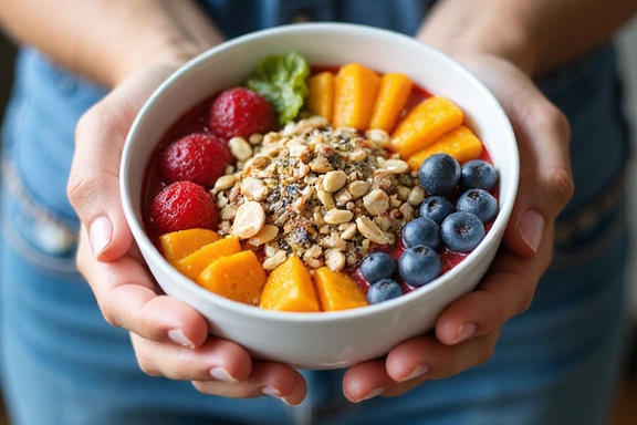 A person enjoying a healthy, colorful smoothie bowl