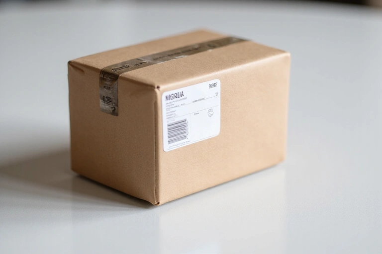A neatly packaged product box with a shipping label, ready for delivery